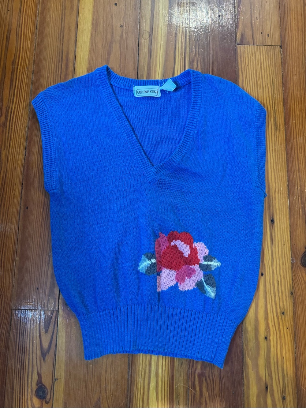 California Krush Bright Blue V-Neck Floral Knit Sweater Vest